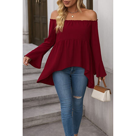 Lucky Life Kadın Uzun Kollu Madonna Yaka Asimetrik Detaylı Kolları Ispanyol Viskon Bluz