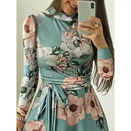 Lucky Life Kadın Uzun Kollu Yuvarlak Yakalı Beli Kuşaklı Desenli Süprem Uzun Elbise