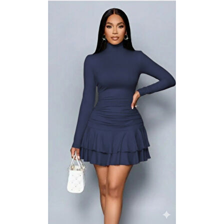 Lucky Life Lucky Life Kadın Uzun Kollu Balıkçı Yaka Mini Fırfırlı Sandy Elbise