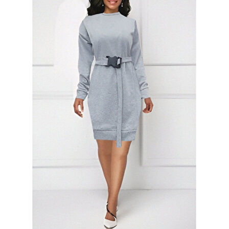 Lucky Life Kadın Uzun Kollu Bisiklet Yaka Kuşaklı Iki Iplik Elbise