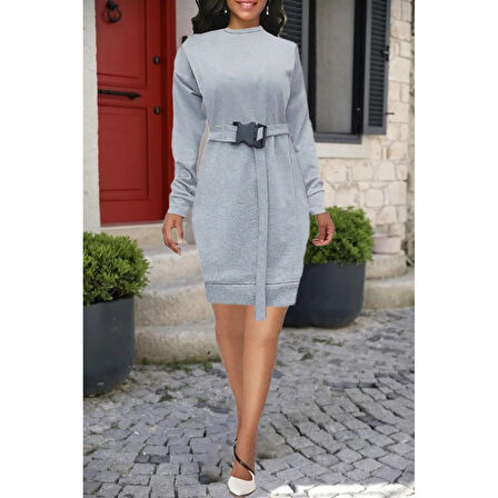 Lucky Life Kadın Uzun Kollu Bisiklet Yaka Kuşaklı Iki Iplik Elbise