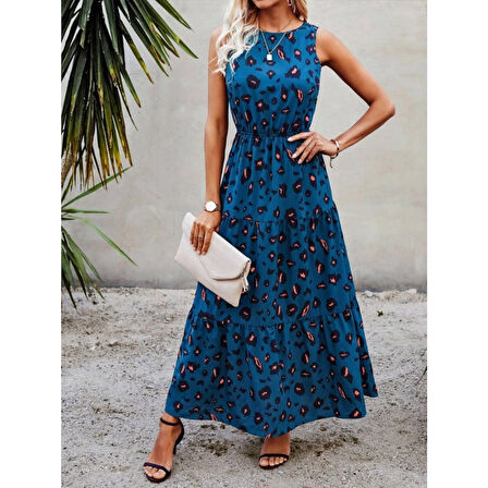 Lucky Life Kadın Kolsuz Bisiklet Yaka Beli Lastikli Desenli Süprem Elbise