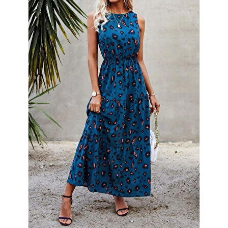 Lucky Life Kadın Kolsuz Bisiklet Yaka Beli Lastikli Desenli Süprem Elbise