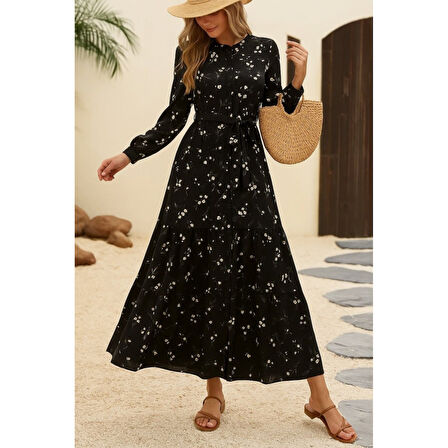 Lucky Life Lucky Life Kadın Uzun Kollu Hakim Yakalı Düğmeli Kuşaklı Desenli Maxi Mikro Süprem Elbise