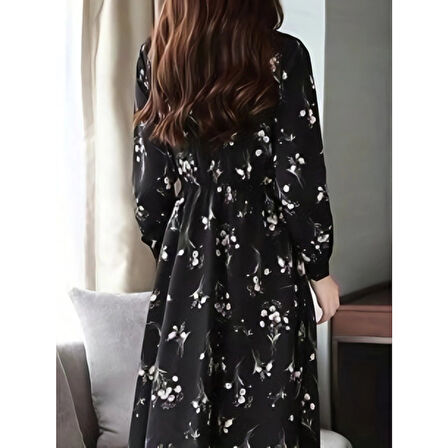 Lucky Life Lucky Life Kadın Uzun Kollu Hakim Yakalı Düğmeli Kuşaklı Desenli Maxi Mikro Süprem Elbise