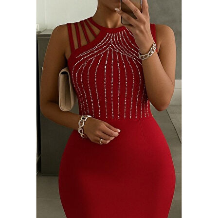 Lucky Life Kadın Omuz çoklu Askılı önü Taş Işlemeli Balık Kesim Janjan Krep Maxi Boy Elbise