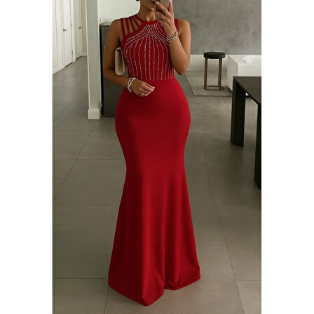 Lucky Life Kadın Omuz çoklu Askılı önü Taş Işlemeli Balık Kesim Janjan Krep Maxi Boy Elbise