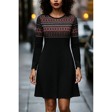 Lucky Life Lucky Life Kadın Uzun Kollu Bisiklet Yaka Etnik Desenli Kısa şardonlu Dalgıç Elbise