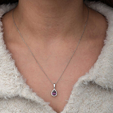 Lucky Life Gümüş Damla Mor Taşlı Kadın Kolye