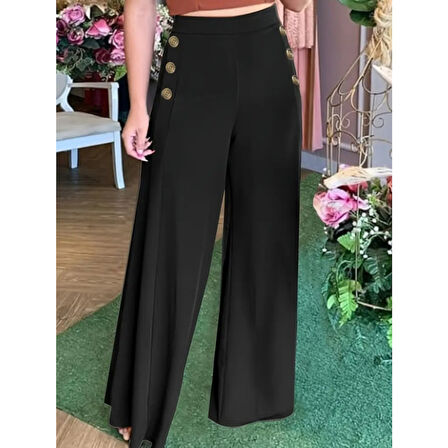 Lucky Life Kadın Yüksek Bel Yan Düğme Detaylı Geniş Paçalı Ithal Krep Pantolon