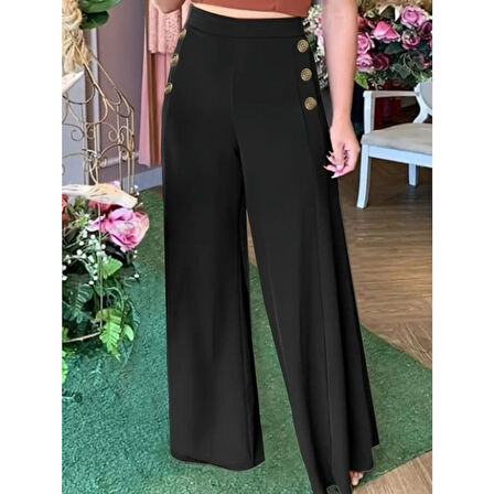 Lucky Life Kadın Yüksek Bel Yan Düğme Detaylı Geniş Paçalı Ithal Krep Pantolon