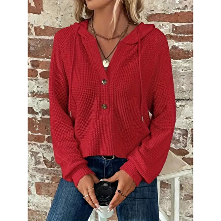 Lucky Life Kadın Uzun Kollu Kapşonlu önü Düğmeli Ve Bağcıklı Waffle Bluz