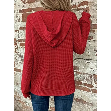 Lucky Life Kadın Uzun Kollu Kapşonlu önü Düğmeli Ve Bağcıklı Waffle Bluz