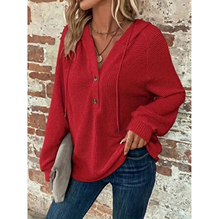 Lucky Life Kadın Uzun Kollu Kapşonlu önü Düğmeli Ve Bağcıklı Waffle Bluz