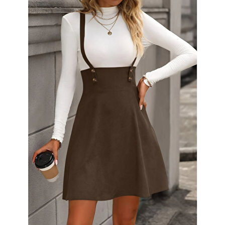 Lucky Life Kadın Askılı Düğmeli Mini Süet Elbise