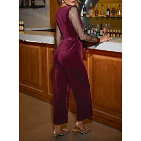 Lucky Life Kadın Uzun Kollu Kruvaze Yakalı Belden Kuşaklı Tül Detaylı Kadife Tulum