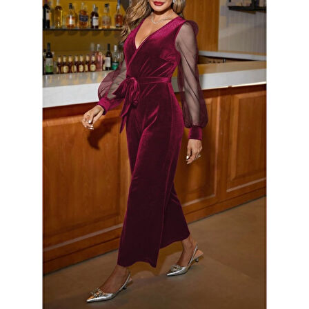 Lucky Life Kadın Uzun Kollu Kruvaze Yakalı Belden Kuşaklı Tül Detaylı Kadife Tulum