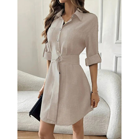 Lucky Life Kadın Uzun Kollu Yakalı önden Düğmeli Beli Kuşaklı Mini Ithal Keten Elbise