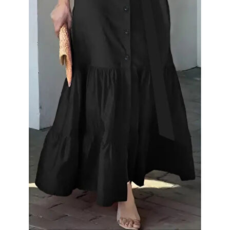 Lucky Life Kadın Uzun Kollu Eteği Fırfırlı Beli Kuşaklı Trikoton Tam Boy Gömlek Elbise