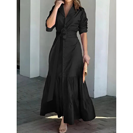 Lucky Life Kadın Uzun Kollu Eteği Fırfırlı Beli Kuşaklı Trikoton Tam Boy Gömlek Elbise