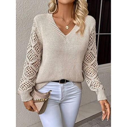 Lucky Life Lucky Life Kadın Uzun Kollu V Yaka Kol Delikli Baklava Desen Detaylı Triko Kazak