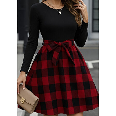 Lucky Life Kadın Uzun Kollu Bisiklet Yaka üst Viskon Alt Ekose Kısa Elbise