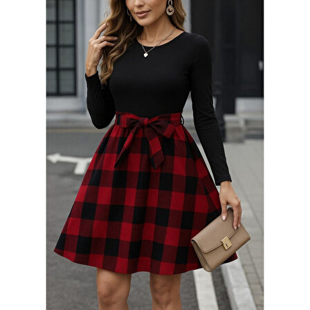 Lucky Life Kadın Uzun Kollu Bisiklet Yaka üst Viskon Alt Ekose Kısa Elbise