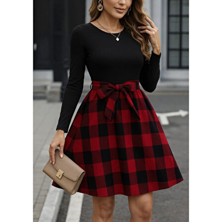 Lucky Life Kadın Uzun Kollu Bisiklet Yaka üst Viskon Alt Ekose Kısa Elbise