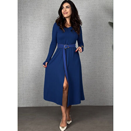 Lucky Life Kadın Uzun Kollu Yakalı Belden Deri Detaylı Kuşaklı Yırtmaçlı Midi Viskon Iki Iplik Elbise