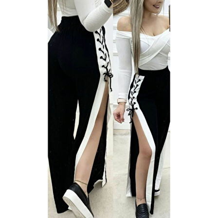 Lucky Life Lucky Life Kadın Yüksek Bel Yandan çapraz Bağcıklı Yırtmaçlı Viskon Iki Iplik Pantolon