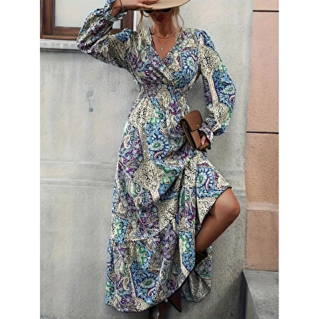 Lucky Life Kadın Uzun Kollu Kruvaze Yakalı Desenli Süprem Maxi Elbise