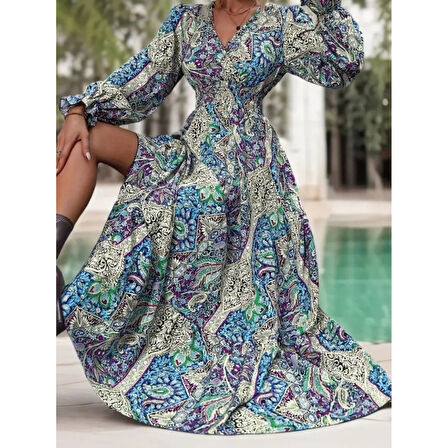 Lucky Life Kadın Uzun Kollu Kruvaze Yakalı Desenli Süprem Maxi Elbise