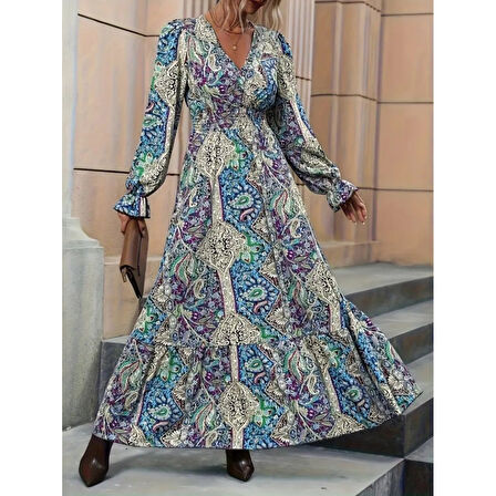 Lucky Life Kadın Uzun Kollu Kruvaze Yakalı Desenli Süprem Maxi Elbise