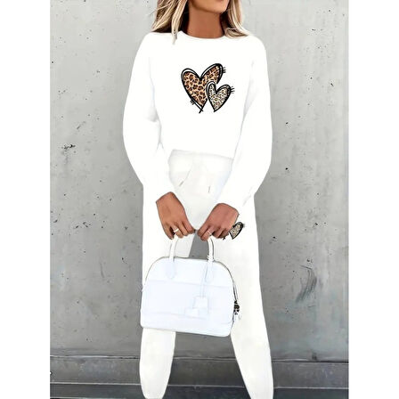 Lucky Life Kadın Uzun Kollu Bisiklet Yaka Kalp Desenli şardonlu üç Iplik Bluz Ve Pantolon Ikili Takım