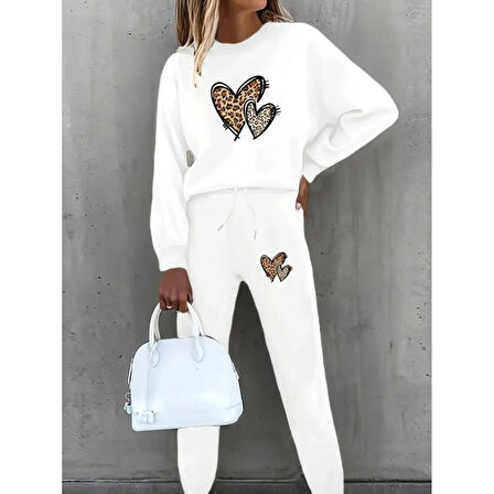 Lucky Life Kadın Uzun Kollu Bisiklet Yaka Kalp Desenli şardonlu üç Iplik Bluz Ve Pantolon Ikili Takım