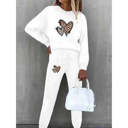 Lucky Life Kadın Uzun Kollu Bisiklet Yaka Kalp Desenli şardonlu üç Iplik Bluz Ve Pantolon Ikili Takım