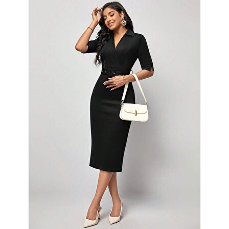 Lucky Life Kadın Kısa Kollu Yakalı Kruvaze Yakalı Beli Kemerli Midi Modal Elbise