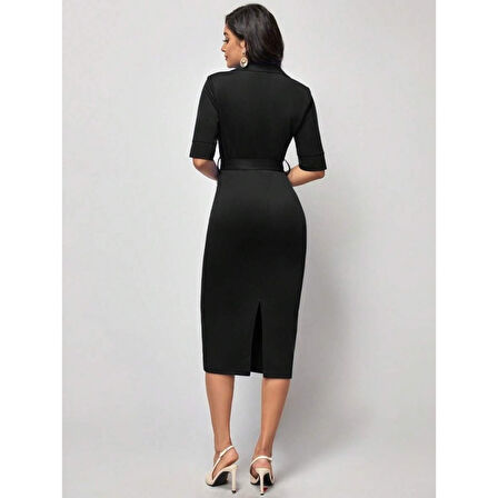 Lucky Life Kadın Kısa Kollu Yakalı Kruvaze Yakalı Beli Kemerli Midi Modal Elbise