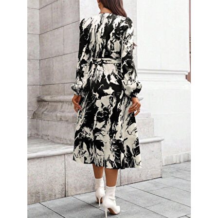 Lucky Life Kadın Uzun Kollu Kruvaze Yakalı Yandan Bağlamalı Desenli Mini Modal Elbise