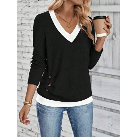 Lucky Life Kadın Uzun Kollu V Yakalı Yandan Düğmeli Yün Viskon Bluz