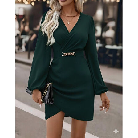 Lucky Life Kadın Uzun Kollu Kruvaze Yaka Yandan Büzgülü Asimetrik Detaylı Ithal Krep Mini Elbise