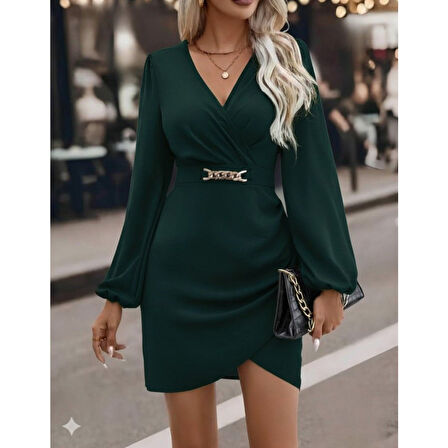 Lucky Life Kadın Uzun Kollu Kruvaze Yaka Yandan Büzgülü Asimetrik Detaylı Ithal Krep Mini Elbise