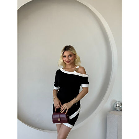 Lucky Life Kadın Kısa Kollu Asimetrik Kesim Yaka şerit Ve Aksesuar Detaylı Modal Elbise