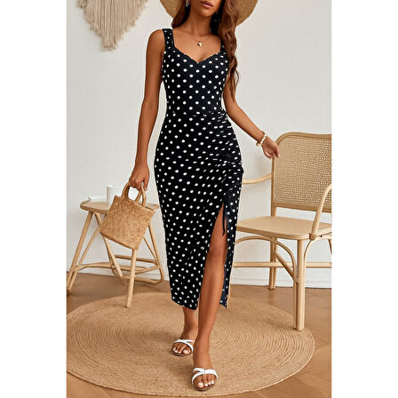 Lucky Life Kadın Askılı Yuvarlak Yaka Kalp Yaka Yandan Büzgülü Yırtmaç Detaylı Puantiyeli örme Krep Elbise