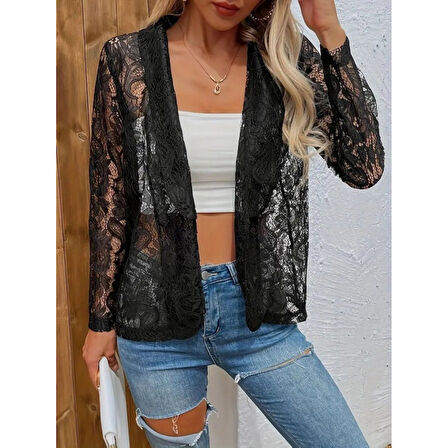 Lucky Life Kadın Uzun Kollu Yakalı önü Açık Dantelli Ceket