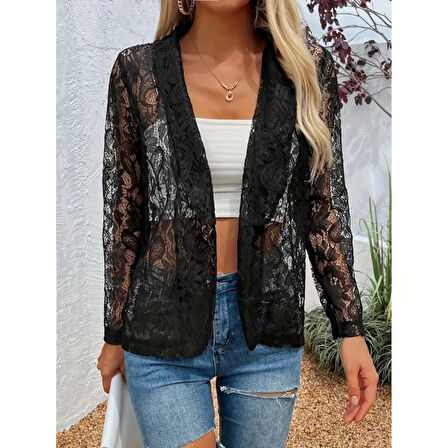 Lucky Life Kadın Uzun Kollu Yakalı önü Açık Dantelli Ceket