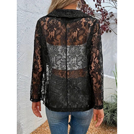 Lucky Life Kadın Uzun Kollu Yakalı önü Açık Dantelli Ceket