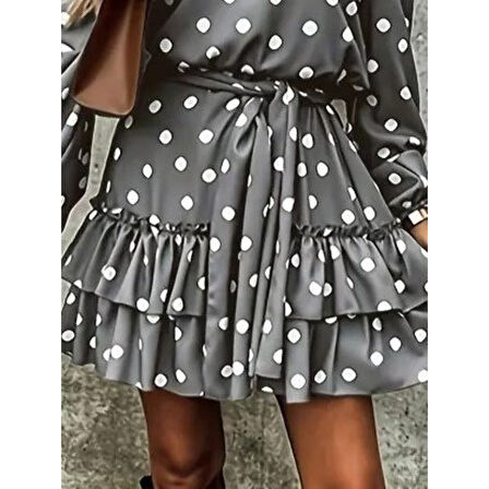 Lucky Life Kadın Uzun Kollu V Yakalı Belden Kuşaklı Puantiyeli Mini Modal Elbise