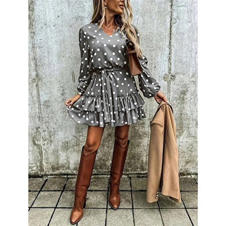 Lucky Life Kadın Uzun Kollu V Yakalı Belden Kuşaklı Puantiyeli Mini Modal Elbise