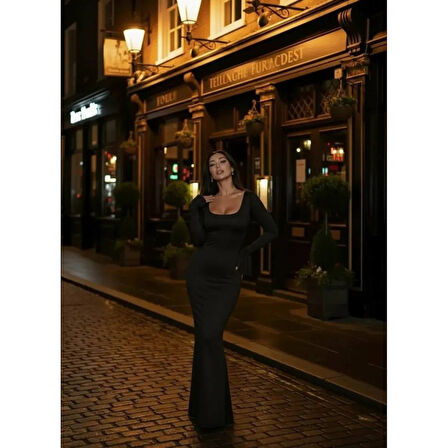 Lucky Life Kadın Uzun Kollu Kare Yaka Volanlı Manşet Detay Maxi Boy Elbise